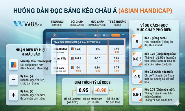 Hướng dẫn cách đọc bảng tỷ lệ kèo Châu Á tại W88 WEAREFAME
